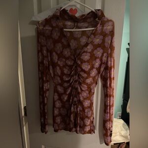 Free People Floral Button-Down Top in Brown and Pink